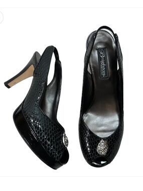 Brighton Welch Patent Leather Snakeskin Slingback Peep Toe Platform Heels. Italy